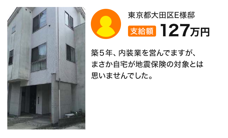 支給額127万円 築５年、内装業を営んでますが、まさか自宅が地震保険の対象とは思いませんでした。